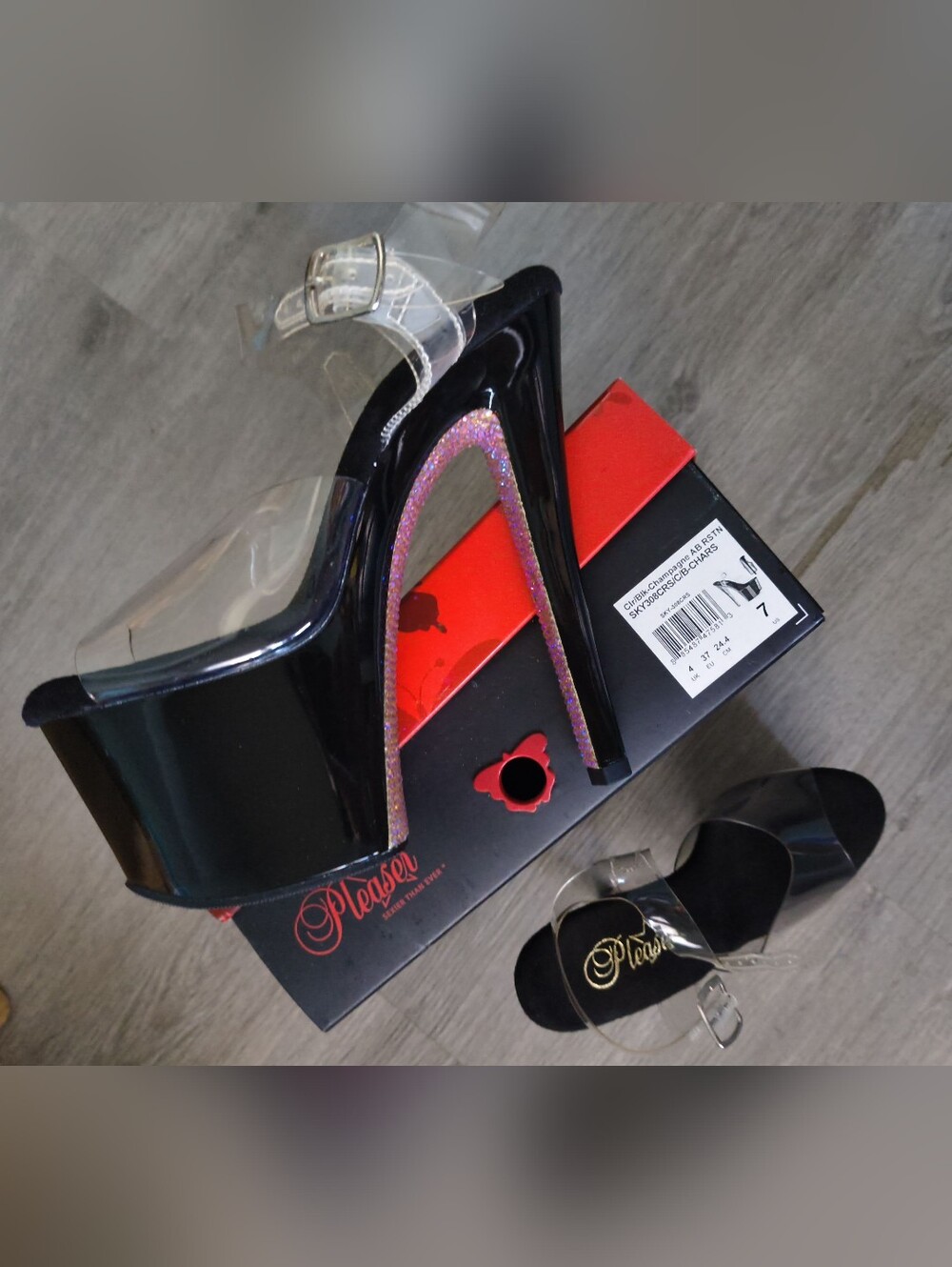New In Box Pleaser Sky-308CRS Clear/Black-champagne Size 7 - Picture 6 of 14
